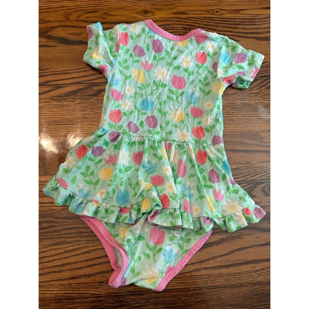 Birdie Bean Bodysuit Dress Toddler 2T Mint Floral Bamboo Ruffle Skirt Snaps
